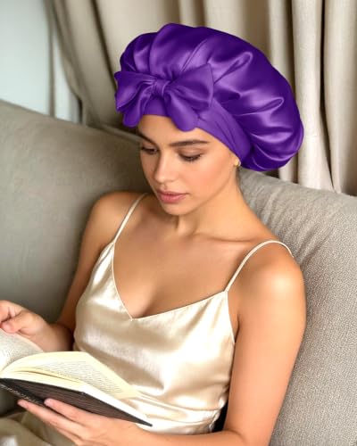 Image of BONNET QUEEN Silk Bonnet for Sleeping Women, Double layer Satin Hair Bonnet for Curly Hair, Satin Hair Cap for Sleeping