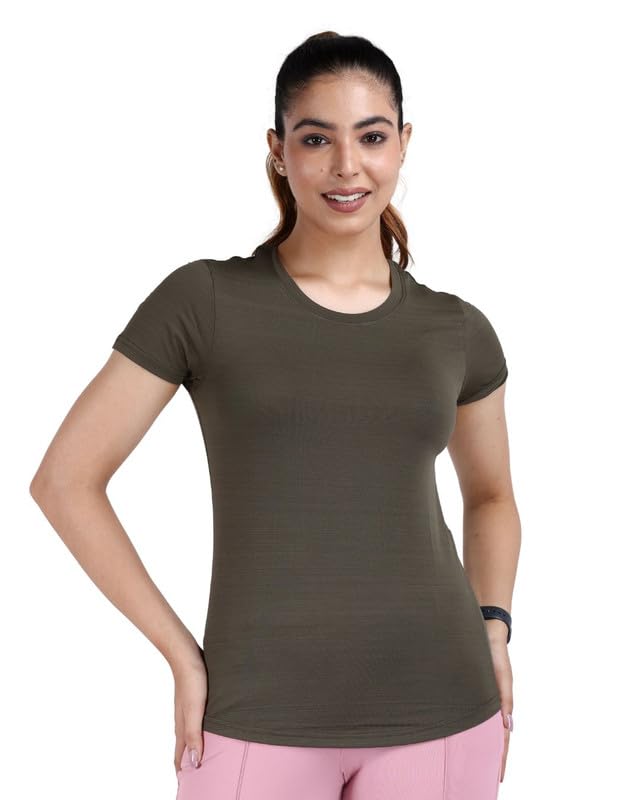 Image of Mlada Luxury Athleisure T Shirt Polyester Stretch Knit T-Shirt Full Length Moisture Wicking, Breathability, Compression for Gym, Workout and On-The-Move for Women