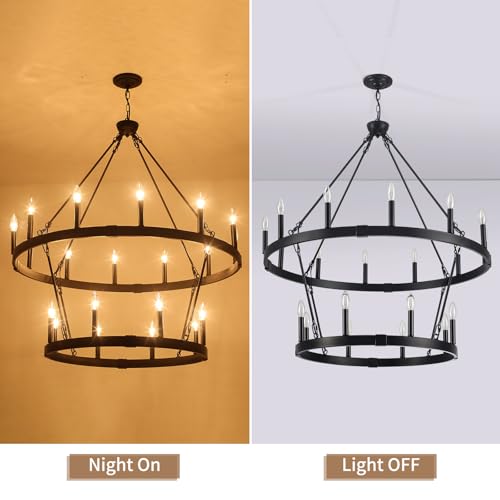 20 Light 2 Tier Black Wagon Wheel Chandelier, 38.19" Farmhouse Chandelier by Rviezza - Used condition - Image 6