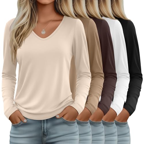 Oakgarden 5 Pack Women's V Neck Long Sleeve Tops Bulk, Loose Fit