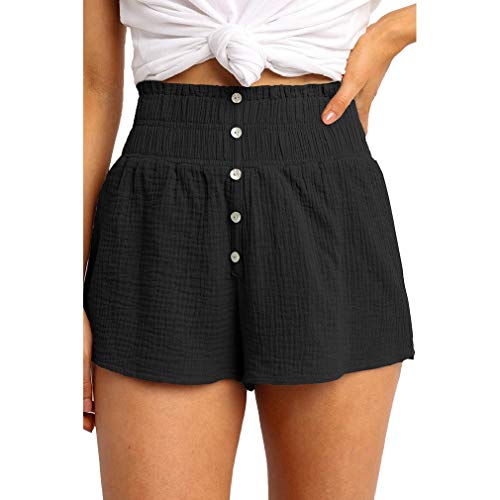 Short de praia feminino solto com cintura elástica e cor sólida da KLJR, Preto, X-Small