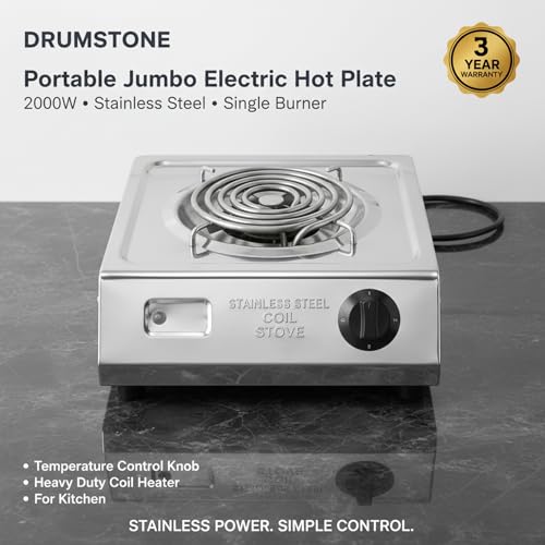 Image of Drumstone 2000W Electric Hot Plate Single Burner | Portable Stainless Steel Coil Cooking Stove with Adjustable Temperature Control | Heavy Duty Electric Cooktop