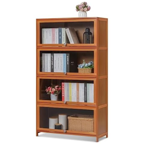 Magshion Bamboo 4-Tier Display Case Bookcase with Clear Acrylic Flip-Up Doors, Wide Brown Kitchen Cabinet Storage Pantry Cabinet Showcase Storage Cabinet Organizer - 31" L x 12.5" W x 54.5" H Cover