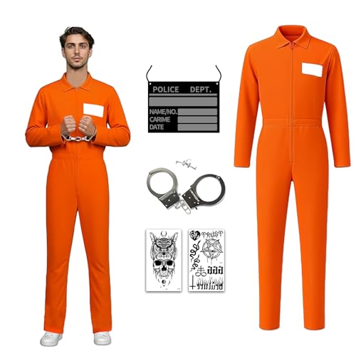 Aniepaa Disfraz Preso Halloween, Disfraz Prisionero Hombre Mujer, Disfrazs Halloween Adulto Terror, Traje Preso Naranja Mono Orange Disfrazs Prisionero Adulto Criminal (Naranja, XL)