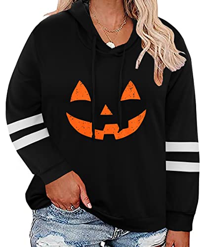 Carcos Plus Size Women Hoodies 5X Long Sleeve Color Block Pumpkin Face Print Plullover Black Drawstring Black Tunic Halloween Tops 5Xl 28W #TOP1