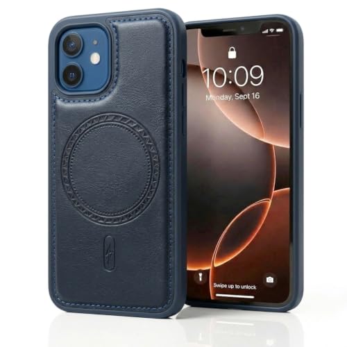 Image of amazon basics Premium PU Leather Case for iPhone 12 Pro, MagSafe Compatible Magnetic Ring, Sleek Protective Back Cover - [Blue]