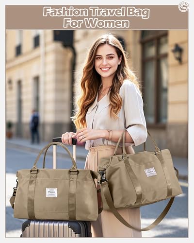 Image of Travel Duffel Bags for Women Mens Waterproof Weekender Carry on Bag Sports Gym Bag Travel Tote Bags with Wet Pocket Overnight Bag Workout Duffel Bags with Trolley Sleeve Khaki