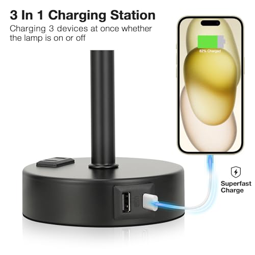 Fenmzee Grey Touch Bedside Lamp for Bedroom - 3 Way Dimmable Table Lamp USB C Charging Ports and AC Outlet, Small Desk Lamp for Living Room, Office, LED Bulb Included by Fenmzee - Image 3