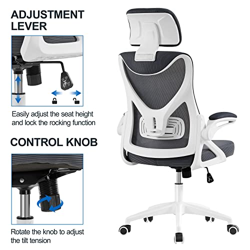 Image of Yaheetech Ergonomic Office Chair with Headrest, Lumbar Support, White /Gray | Breathable mesh high-back adjustable headrest, padded seat, and flip-up armrests supports your back and neck, holds 300lb