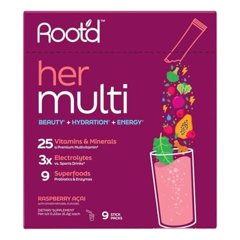 Root'd Multivitamin Powder for Women - 25 Vitamins & Minerals with 3X Electrolytes, 9 Organic Superfoods, Probiotics & Enzymes, Sugar-Free Multivitamin & Hydration | 9 Vitamin Drink Mix Packets Cover