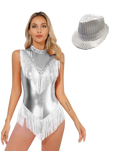 Lejafay Glänzendes Damen Tanzkleid Latino Salsa Tanzkleid Mit Fransen Und Hut Kunstlauf Lederbody Wettbewerbskostüme Sxxl Silber M
