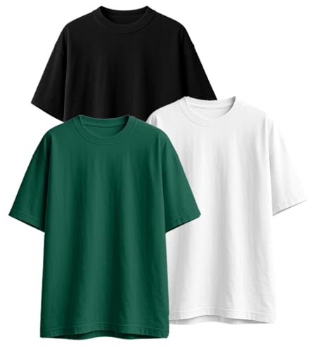 Image of Veirdo 100% Pure Cotton Drop Shoulder Oversized Baggy Fit Half Sleeve Plain Solid Round Neck Multicolor T-Shirt Combo for Men (Pack of 3) (Sizes S-2XL)
