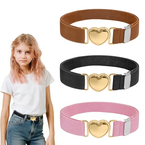 TAIVIN Lot de 3 Ceinture Fille Réglable-Fermoir Cœur Doré-Facile à Attacher-Pour Uniforme Scolaire & Quotidien (Noir, blanc, rose)