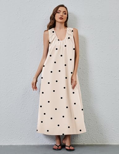 Image of OLAPTA Women Summer Sleeveless Maxi Dress Scoop Neck Ruched Loose Fit Casual Elegant Solid Vacation Long Dress with Pockets