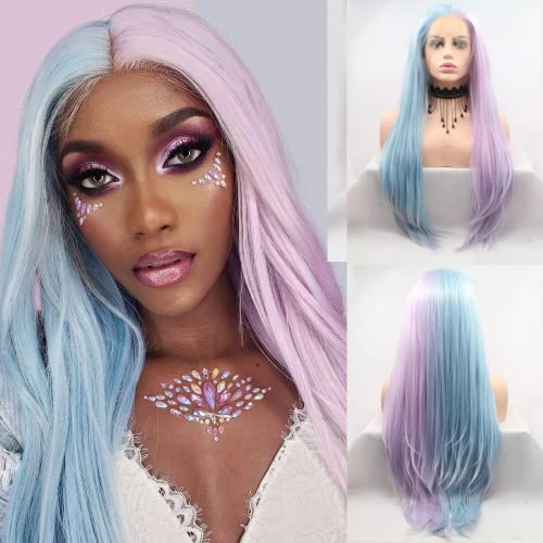 Xiweiya Straight Mermaid Piano Color Purple Pink To Blue 2 Tone Synthetic Lace Frontal Wig Half Blue Half Pink Purple Add Hand Crochet Lace Wig for Women Drag Queen Halloween Cosplay - Image 2
