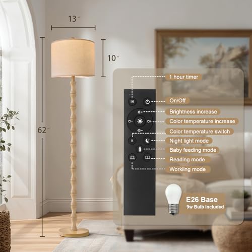 Image of BOBOMOMO 62 inch Rustic Farmhouse Floor Lamp with Remote & Dimmable 9W Bulb, 3 Color Temperatures Resin Standing Lamp, Retro Corner Tall Lamp for Living Room, Bedroom, Nursery, Office, Reading Nock