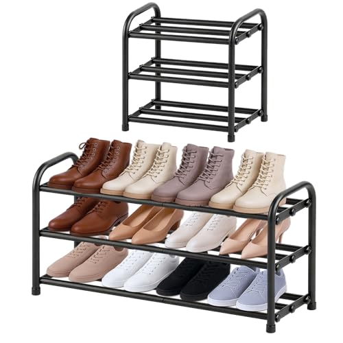 MIKVOYO Meuble à Chaussure Entrée Étroit Extensible 3 Niveaux, Rangement Porte Étagère à Chaussure en Métal Noir 6 à 12 Paires, pour Entrée,...