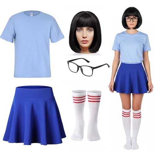 Crowye 6 Pcs Halloween Nerd Costume for Women Glasses Wigs Shirts Skirts Socks(2XL Size)