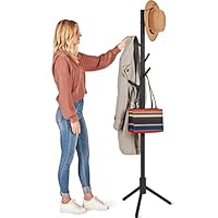 High-Grade Wooden Tree Coat Rack Stand, 6 Hooks - Super Easy Assembly NO Tools Required - 3 Adjustable Sizes Free Standing Coat Stand, Hallway Coat Hanger Hat Stand, for Handbag, Clothes & Accessories
