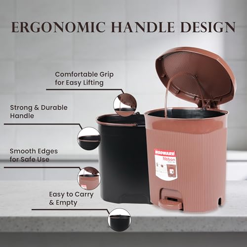 Image of MODWARE Premium Plastic Pedal Dustbin with Removable Bucket, PP Polypropylene, Hands-Free, Grey, for Kitchen, Office, College (Brown)