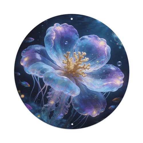 LZQPOEAS Oceanic Bloom Panneau mural rond en aluminium avec trous, plaque circulaire en aluminium durable pour maison, bar, café, salon et bureau