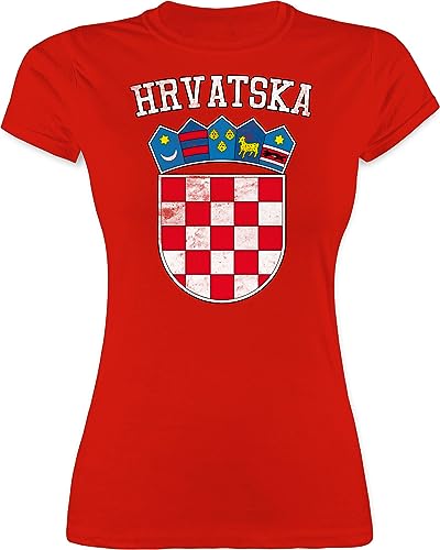 Shirt Damen - Fußball EM WM - Kroatien Wappen Hrvatska Krotatisch - M - Rot - Croatia Trikot fußballtrikot Europameisterschaft Croatian für Frauen kroatische Tshirt wm-Shirts Fussball kroatisch