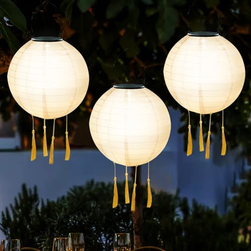 Pack de 3 farolillos solares para exteriores, resistentes a la intemperie, farolillos solares LED impermeables, de nailon, 20 cm, farolillos solares para exteriores, jardín, decoración de fiesta de