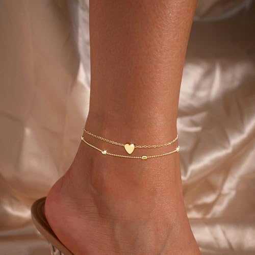 Image of Coshilta Gold Anklets for Women - Waterproof Cuban Link Heart Beads Anklets Set Layered Anklet Bracelets for Women Gold Jewelry