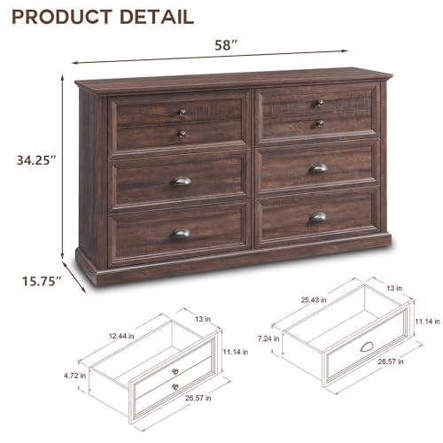 IFGET Farmhouse 6 Drawers Dresser for Bedroom, 58\" Wide Dresser Chest of Drawers Organizer Storage, Wood Rustic Dresser for Closet w/Two Different Drawer Sizes for Living Room, Hallway, Brown - Thumbnail 2