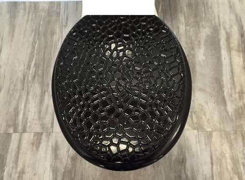 Heavy duty Molded Wood Round Toilet seats with Stone Design, with Quick Attach plastic Hinges. (Black Stones)
