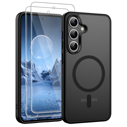 Jshru für Samsung Galaxy S24 Plus/ S25 Plus Hülle Kompatibel mit Magsafe Dünn Magnetisch Handyhülle mit 2Stk Schutzfolie Stoßfest Schutzhülle Transluzent Case für Galaxy S24/S25 Plus Schwarz