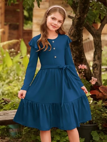 GRACE KARIN Girls Fall Long Sleeve Dress for Girl Rullfe Button Casual Flowy Tiered Dresses with Pocket 6-14Years4