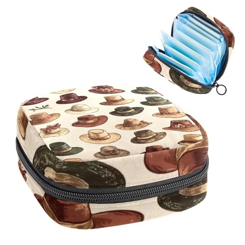 Sanitary Napkin Storage Bag for Women Cute, Feminine Menstruation Pad Holder for Period, Portable Zipper Menstrual Pad Bags Vintage Western Wild Cowboy Caps Seamless
