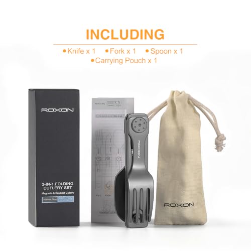 Image of ROXON 3-in-1 Camping Utensils Set (Knife, Spoon, Fork) Titanium-Plated Grey