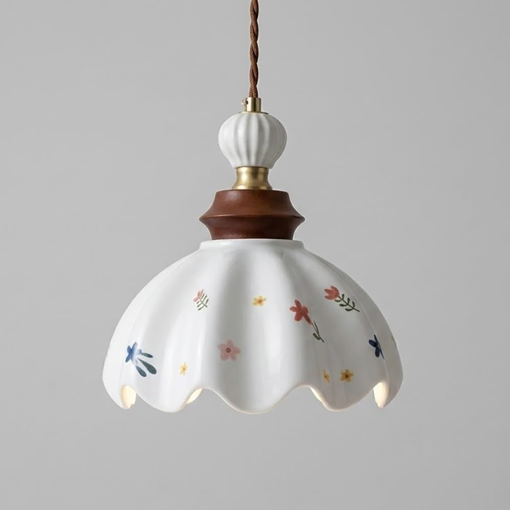 COSRUB Nordic Pleated Ceramic Pendant Light Fixtures, Small Flower Porcelain Hanging Lamps Vintage Farmhouse Wave Chandelier for Bedside Cafe Kitchen Island