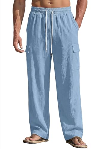 TAFLE Calça cargo masculina de linho casual de verão leve com cordão para ioga com bolsos, Azul claro, P