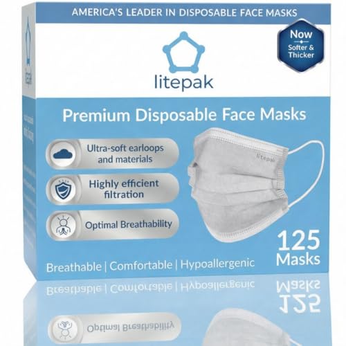 Litepak 125-Pack Disposable Face Mask Premium Comfort Earloops with Dispenser Box (Gray)