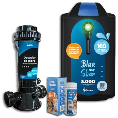 KIT Piscina Inteligente Panozon Até 100.000L: Gerador de Ozônio Blue Star 3000 + Dosador de Cloro D15 + Fita Teste 6 em 1