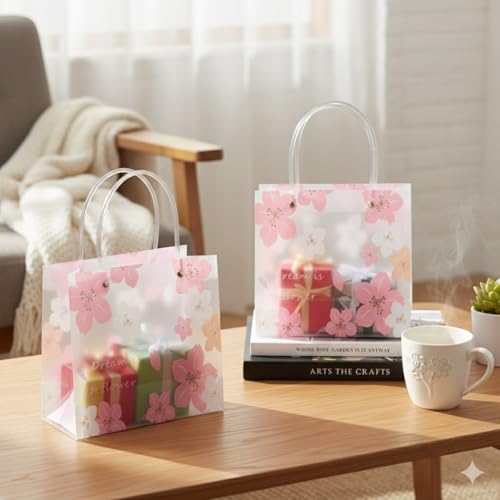 Image of SATYAM KRAFT 4 Pcs Transparent Bag Goodie Bags With Handle Gift bag, hamper bag, Carry Bags, shopping gift bag, gift for Gifting, Presents, Return Gifts, Birthday, Party, Festivals (Pink)
