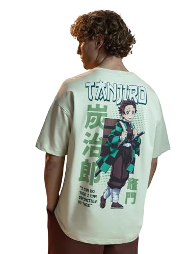 Image of The Souled Store Demon Slayer: Tanjiro Men and Boys Short Sleeves Round Neck Green Graphic Printed Cotton Lightweight All-Season Oversized T-Shirt