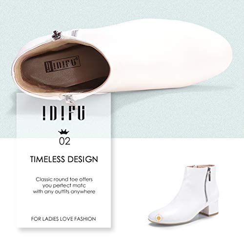 Idifu Women Ring Zipper Ankle Boots 1.8 Inch Low Block Heels Round Toe Dress Booties(5.5, White Pu Classic) #TOP3