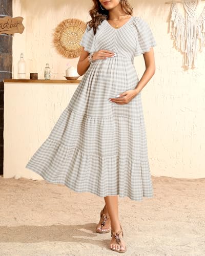Image of Pinup Fashion Maternity Summer Dress Baby Shower Easter Pregnancy A-Line | Smocked V-neck, flutter sleeves, breathable floral fabric, bump friendly, perfect for photoshoot, spring casual,postpartum