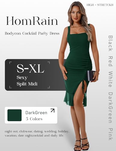 Image of HomRain Mesh Bodycon Dress for Women Square Neck Sexy Ruched Elegant Cocktail Party Midi Dresses