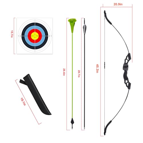 VALYPANOR Bogen und Pfeil Set für Jugend Junior Bogenschießen Longbow Training 18 Lb Bogen mit 6 Sicherheitspfeilen, 5 Ziel Gesichtspapier, Armschutz, Quiver, für Outdoor Sport Spiel Geschenk