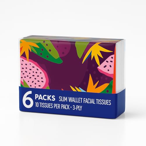 Slim Wallet Facial Tissues 6 Portable Packs with 10 Sheets Each Soft 3-Ply Wallet Tissues for Travel Office Home Bags and On-the-Go Use
