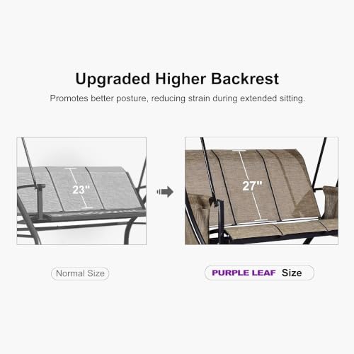 Image of PURPLE LEAF 3-Seat Deluxe Outdoor Patio Porch Swing with Weather Resistant Steel Frame, Adjustable Tilt Canopy, Beige