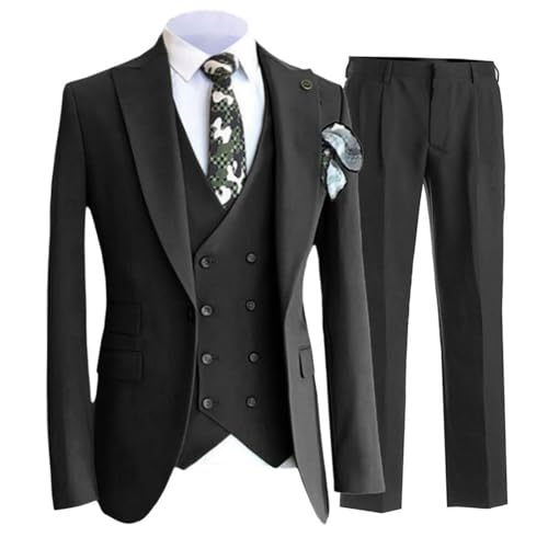 Mens 3 Piece Suit, Slim Fit Blazer Double Breasted Vest Wedding Dinner Tuxedo Dress Business Casual Jacket Waistcoat and Trousers,L,J