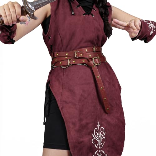 Image of HiiFeuer Medieval DIY Faux Leather Metal Chain Belt, Vintage Adjustable Thin Belt For Women, Retro Skinny Belt For Dresses (Red A)