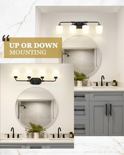 Image of 4-Light Black Bathroom Light Fixtures Over Mirror, White Glass | Vanity Lighting Fixtures with Milk White Glass, Vintage Farmhouse Wall Sconces Lighting, AD-22004-4W-BK