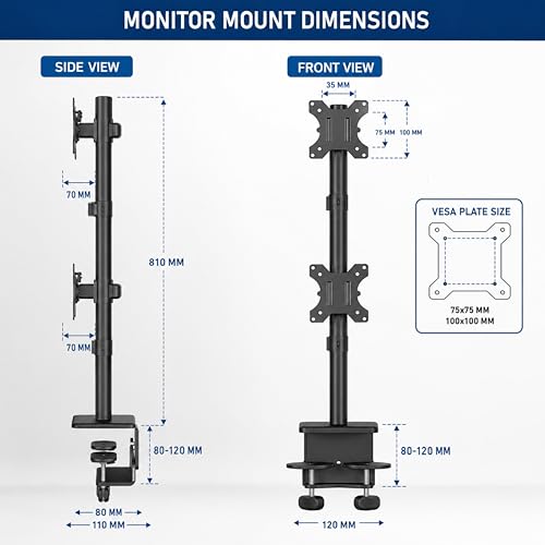 Image of BIJASANI Vertical Dual Monitor Stand | Stacked One Above Other | Large Dual C-Clamp | 810mm Single-Pole | 10 KG Per Arm | 10-32 inch | Tilt Swivel Rotation | 3 Year Warranty | WFH Trading Gaming